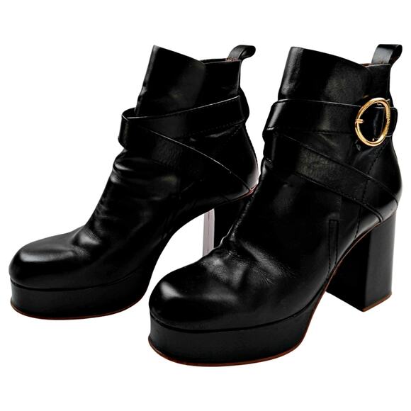 SEE By Chloe Black Leather Platform Wedge Ankle Boots Sz 40 9 / 9.5